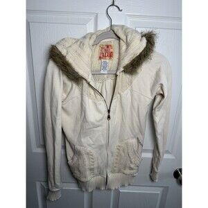 VTG Billabong Women's Y2K Zip Up Hoodie Faux Fur Lined Hood Cable Knit Medium